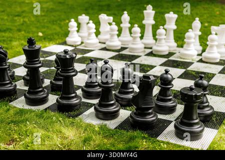 Große schwarz-weiße Schachfiguren, die auf einem karierten Brett auf grünem Gras im Freien angeordnet sind. Stockfoto