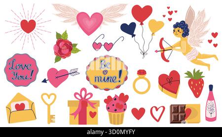 Ein Set mit Valentinstag-Elementen mit Herzen und Cupid, Geschenkboxen und einer Rose, Ballons und einem Ring, Schokolade und Champagner. Aufkleber - Love You und Stock Vektor