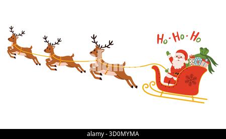 Glücklicher Weihnachtsmann im Cartoon Flat Style auf Schlitten mit Rentieren und einem Sack voller Geschenke, die winken und ho-ho-ho sagen. Flaches Zeichentricksymbol, Perfe Stock Vektor