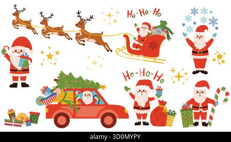 Ein Set Happy Santa-Klausel mit Zuckerrohr, mit einem Sack Geschenke, auf einem roten Auto mit einem Weihnachtsbaum auf dem Dach, auf einem Schlitten, der von Rentieren gezogen wird, mit Stock Vektor