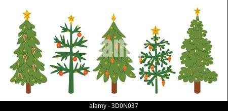 Set aus verziertem Weihnachtsbaum mit Spielzeug im flachen Cartoon-Stil. Festliche Feiertagsillustration für Gruß, Aufkleber, Druck, Web, Karte, Winterdekoraten Stock Vektor