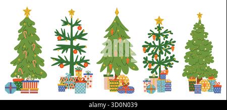 Set aus dekoriertem Weihnachtsbaum mit Spielzeug und Geschenkboxen darunter im flachen Cartoon-Stil. Gemütliche festliche Illustration für Gruß, Druck, Karte, Aufkleber, Stock Vektor