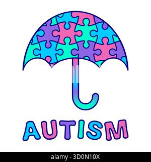 Autismus-Sensibilisierungsschirm. Puzzlemuster Symbol für Unterstützung und Einbeziehung. Autismusverständnis und Schutz. Farbenfrohes Autismus-Spektrum-Design Stock Vektor