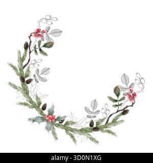 Illustration eines Weihnachtsarrangements in einem Halbkreis aus Tannenzweigen und roten Beeren. Aquarell und Grafikstil. Stockfoto