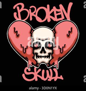 Schädel mit tropfendem gebrochenem Herzen für Streetwear-Illustration Stock Vektor