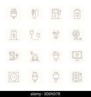 Komplettes Paket mit 16 Vektorsymbolen rund um den Ladeanschluss, das dünne Outline-Design in 128x128-Display mit perfekter Qualität für moderne Schnittstellen zeigt Stock Vektor