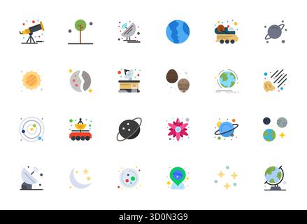 Sorgfältig gefertigte 24 flache Vektorsymbole für die Astronomie, geliefert in Retina Ready Grid angepasster Qualität für kompromisslose Designstandards. Stock Vektor