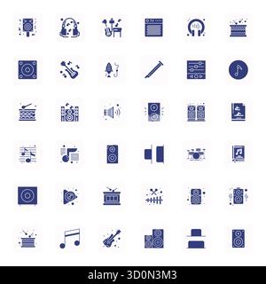 Eine übersichtliche Sammlung von 36 gefüllten Vektorsymbolen, die Bass darstellen, im editierbaren Retina-Format für moderne Dashboards und Schnittstellen. Stock Vektor