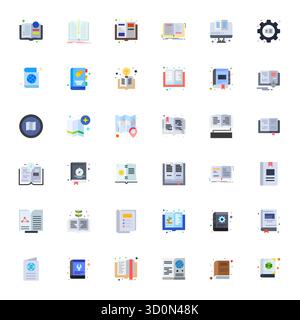 Sorgfältig kuratierte 36 flache Vektorsymbole für Guidebook mit einer editierbaren Auflösung von 128x128 für konsistente Markendarstellung und Benutzererfahrung. Stock Vektor