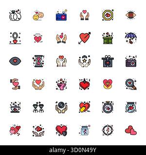 Exklusive Sammlung von 36 mit flachen Linien gefüllten Vektorsymbolen für CHERISH, entwickelt mit einer perfekten Auflösung von 128x128 PIXELN für erstklassige Markenerlebnisse. Stock Vektor