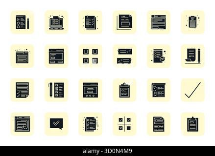 Ultimative Sammlung von 24 Vektorsymbolen, die den Fragebogen in gefüllter Ästhetik darstellen, optimiert mit 128x128 Rasterauflösung für maximale impac Stock Vektor