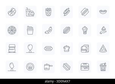 Raffiniertes Paket mit 24 Vektorsymbolen für Fastfood mit normaler Fettkontur, optimiert mit hochauflösender Pixelausrichtung für Eleganz und Funktionalität Stock Vektor