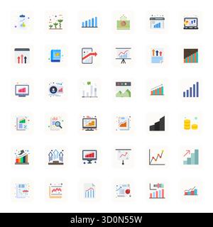 Moderne Sammlung von 36 Vektorsymbolen, die eine zunehmende flache Ästhetik darstellen, mit einer editierbaren Auflösung von 128x128 für moderne Anwendungsentwicklung Stock Vektor