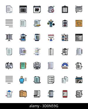 Laden Sie 42 skalierbare Vektorsymbole mit flachen Linien herunter, die für Aufgaben entwickelt wurden und eine editierbare Auflösung von 128x128 bieten, die für professionelle und kreative PR-Anwendungen geeignet ist Stock Vektor