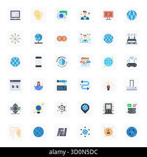 Zukunftsweisendes Paket mit 36 Vektorsymbolen rund um Networking, das flache Design mit 256 x 256 Raster für innovative Benutzeroberflächen präsentiert. Stock Vektor