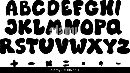 Schwarzes Silhouette-Alphabet-Set. Strukturierte Buchstaben, Satzzeichen und Symbole. Isolierte, verspielte, handgezeichnete Kritzeleien für Design bis in die Schule. Stock Vektor