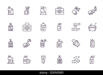 Optimierter Satz von 24 Vektorsymbolen für Desinfektionsmittel in Bold Line Ästhetik, mit hochauflösender PIXELAUFLÖSUNG für nahtlose Benutzererfahrung Stock Vektor