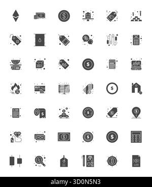 Set aus 42 Pixel optimierten Vektorsymbolen, die sich um Price drehen, in 64x64-Auflösung für eine nahtlose Integration in Apps und Websites. Stock Vektor