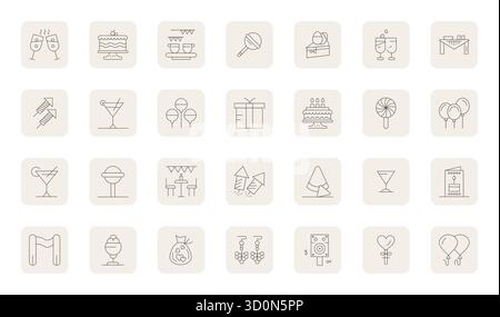 Ein vielseitiger Satz von 28 Thin Outline Display Perfect Vektorsymbolen mit Fokus auf Party, geliefert in gestochen scharfem Retina Ready-Format, ideal für mobile Anwendungen und Web-Anwendungen Stock Vektor
