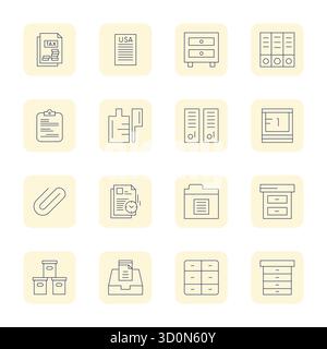 Meisterhaft erstellte 16 Vektorsymbole, die die Archivierung im Thin Outline-Design darstellen, mit einer perfekten Auflösung von 256 x 256 PIXELN für außergewöhnliche visuelle Qualität Stock Vektor