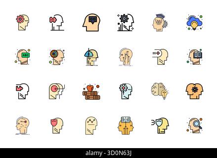 Sorgfältig kuratierte 24 mit flachen Linien gefüllte Vektorsymbole für kognitive Anwendungen mit 256 x 256 Rasterauflösung für konsistente Markendarstellung und -Verwendung Stock Vektor