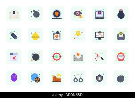 Umfassendes Paket mit 24 Vektorsymbolen in flachem Design für Bedrohungen in gestochen scharfer, editierbarer Qualität in hoher Auflösung. Stock Vektor