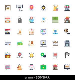 Zukunftsweisendes Paket mit 36 Vektorsymbolen rund um den Handel mit flachem Design und 256 x 256 Raster für innovative Benutzeroberflächen. Stock Vektor