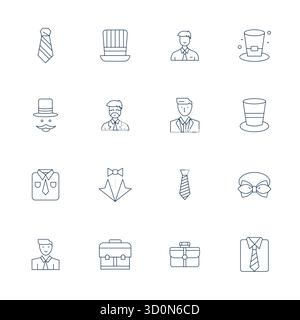 Die ultimative Sammlung von 16 Vektorsymbolen, die Formalwear in Thin Line-Ästhetik darstellen, optimiert mit einer Auflösung von 64x64 Pixeln für maximale Wirkung Stock Vektor