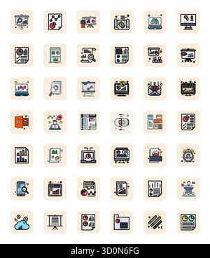 Dieses Set von 42 LineFilled Vektorsymbolen erfasst Diagrammthemen in 256 x 256 Grid-angepasster Qualität, perfekt für Technologie- und Geschäftsanwendungen. Stock Vektor