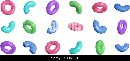 3D-Torus aus Kunststoff. Bunte Donut- und gebogene Röhrenformen, abstrakte runde Schlaufen und halber Torus. Gebogene Bögen und Ringe realistisch 3D rendern isolierten Vektor Stock Vektor