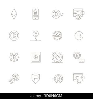 Ultimative Sammlung von 16 Vektorsymbolen, die Crypto in Thin Line-Ästhetik darstellen, optimiert mit Retina Ready Display perfekte Auflösung für maximale Auflösung Stock Vektor