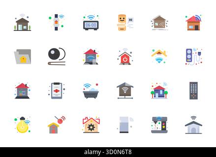 Innovatives Paket mit 24 Vektorsymbolen rund um die Heimautomatisierung mit flachem Design im erweiterten Format 128x128 für moderne digitale Lösungen Stock Vektor