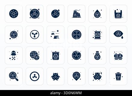 Ein vielseitiger Satz von 24 bearbeitbaren Glyph-Vektorsymbolen mit Fokus auf radioaktive Strahlung, geliefert im gestochen scharfen 128x128-Format, ideal für mobile und Web-Anwendungen. Stock Vektor