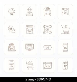 Die ultimative Sammlung von 16 Vektorsymbolen, die den Online-Shop in Thin Line-Ästhetik darstellen, optimiert mit 128x128-Display für maximale Auflösung Stock Vektor