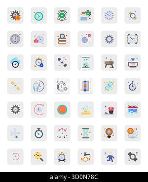 Set aus 42 Flat PIXEL Perfect Vektor-Symbolen rund um die Uhr, gefertigt in einer Auflösung von 64x64 für eine nahtlose Integration in Apps und Websites. Stock Vektor