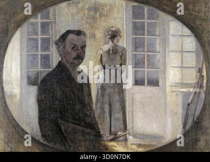 Vilhelm Hammershoi, Innenraum mit dem Künstler und seiner Frau, Portraitgemälde in Öl auf Leinwand, 1911 Stockfoto