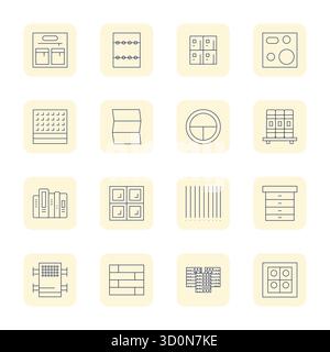 Zeitgenössische Sammlung von 16 Vektorsymbolen, die Fächer in dünner Kontur darstellen, mit Retina Ready Pixel-ausgerichteter Auflösung für Mo Stock Vektor