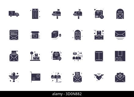 Ausgeklügeltes Paket mit 24 gefüllten Vektorsymbolen für Postal, entwickelt mit hochauflösender Pixelschärfe für professionelle Anwendungen. Stock Vektor