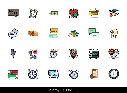 Ein dynamischer Satz von 24 Vektorsymbolen in flacher Linie, speziell für Prompt mit 128x128 Pixel optimierter Qualität, geeignet für digitale Produkte. Stock Vektor