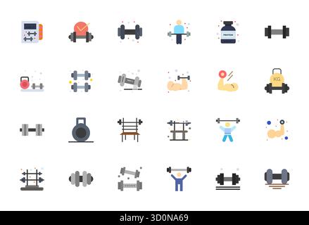 Umfassendes Paket mit 24 Vektorsymbolen in flachem Design für Gewichtheben, geliefert in gestochen scharfer Qualität 256 x 256. Stock Vektor