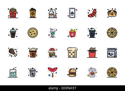 Sammlung von 24 Vektorsymbolen für Fast Food mit flachem, gefülltem Gitter, entwickelt im hochauflösenden Format für Klarheit und Vielseitigkeit. Stock Vektor