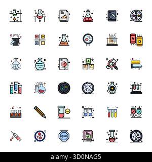 Kuratiertes Paket mit 36 64x64 Vektorsymbolen in flacher Linie gefülltem Design, zentriert um Testkonzepte mit Rasteranpassung. Stock Vektor
