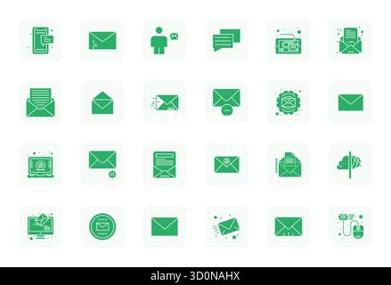 Umfassendes Toolkit mit 24 Vektorsymbolen rund um den Postausgang, entwickelt mit 128x128 bearbeitbarer Präzision für vielseitige Designanwendungen. Stock Vektor