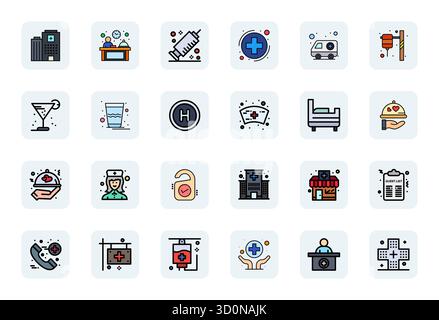 Eine übersichtliche Sammlung von 24 LineFilled Vektorsymbolen, die Hospitality darstellen, im perfekten Format von 64x64 PIXELN für moderne Dashboards und Schnittstellen Stock Vektor