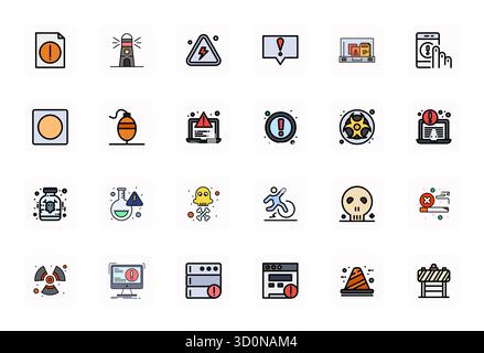 Handgefertigte Kollektion mit 24 LineFilled Vektorsymbolen für Warnzeichen, optimiert in 64x64 Grid-angepasster Auflösung für ein erstklassiges digitales Erlebnis Stock Vektor