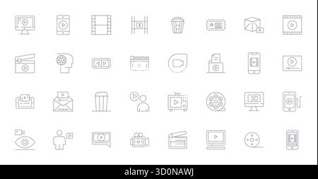 Sammlung von 32 Thin Line Grid eingebauten Vektorsymbolen für Filme im Format 256 x 256 für Klarheit und Vielseitigkeit. Stock Vektor
