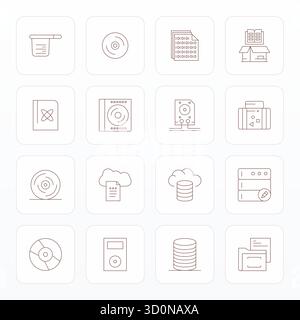 Essential Pack mit 16 detaillierten Vektorsymbolen für die Informationsspeicherung im Thin Line-Format, Größe 128x128 für optimale Leistung und Skalierbarkeit Stock Vektor