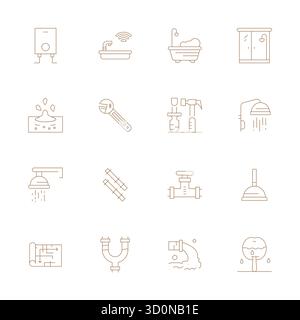 Hochwertige Sammlung von 16 dünnen Vektorsymbolen für Sanitär-Anlagen, die in einer ausgerichteten Auflösung von 64x64 Pixeln für eine hervorragende visuelle Wirkung hergestellt wurden. Stock Vektor