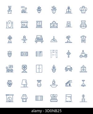 Ein vielseitiger Satz von 42 Vektorsymbolen mit Bold Line Grid, die sich auf die Inneneinrichtung konzentrieren, geliefert im scharfen Format 128x128, ideal für mobile Anwendungen und Web-Anwendungen Stock Vektor