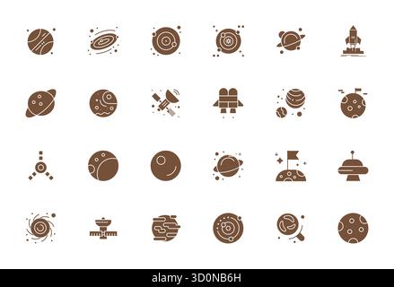 Ausgeklügeltes Paket mit 24 gefüllten Vektorsymbolen für die Weltraumforschung, entwickelt mit 128x128 bearbeitbarer Klarheit für professionelle Anwendungen. Stock Vektor